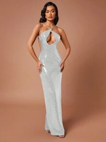 Hauture 黑色亮片镂空露背超长派对礼服，后背开衩 - 白色 - 查看 2