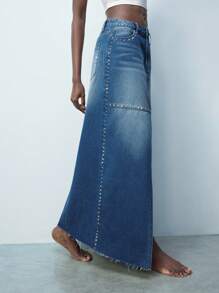 Maija Rivet Decor Casual Split Hem Mid-Waist Women Spring/Summer Denim Skirt, Classic Versatile Minimalist Style Western Wear Women - Blue - View 4