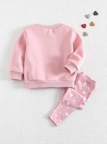 Cozy Pixies Conjunto de 2 piezas de sudadera de cuello redondo de manga larga suave de punto con gráfico de corazón y pantalones para bebé niña