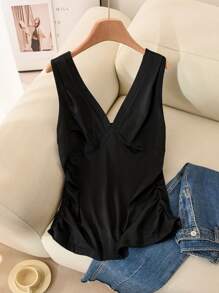 CosyJoli Áo ba lỗ nữ cổ chữ V đơn giản, màu đen, kiểu Pháp cỡ lớn, đơn giản, mới về mùa xuân - màu đen - Xem 7