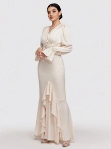 Mulvari Vestido elegante extra largo de unicolor con cuello en V, mangas acampanadas y volante en el bajo