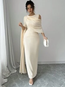 Rafferiza Vestido elegante francés de mujer de unicolor, cuello redondo, un hombro, manga extra larga con abertura, con pliegues - Albaricoque - Ver 6