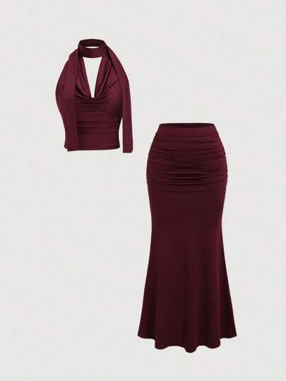 Sweetra Women's Uncala Vintage Draped Neck Backless Tank Top & Mermaid Hem Mini Skirt 2Pcs Set