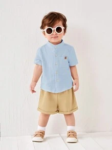SHEIN Leap Crew 2 件装男童/女童纯色立领开衫短袖上衣和蝴蝶结装饰休闲短裤套装 - 彩色 - 查看 6