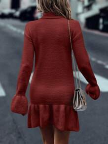 SHEIN Unity Vestido de terciopelo casual con volantes en el bajo, de color liso, sencillo y de moda para uso diario - Rojo - Ver 2