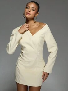 MISSGUIDED Asymmetric Off Shoulder Blazer Dress - Beige - View 4