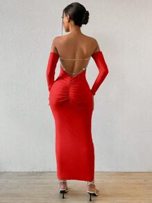 VaVaBold Váy dài tay trễ vai màu trơn cho nữ có dây xích sau lưng và trang trí xếp ly, váy bó & thời trang - Đỏ - Xem 4