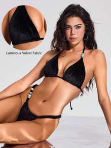 SHEIN Swim Women's Stretch Velvet Sexy Solid Color Bikini Set, Suitable For Swimming And Beach Vacation, Colorful Pearl Swimwear For Summer Beach