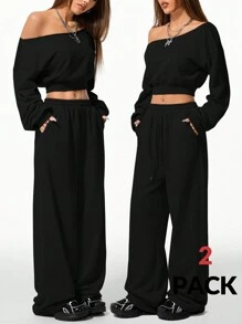 Coolane Women's Sport Sweatshirt And Sweatpants Going Out,2p - Black - View 1