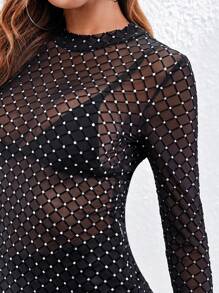 SHEIN BAE Fishnet Sheer Slim Top Without Bra - Black - View 4