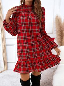 SHEIN LUNE 女士休闲格子圣诞长袖连衣裙，适合秋冬季 - 紅色 - 查看 6