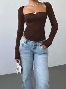 Aloruh Body de manga larga negro con cuello cuadrado, detalles de encaje, empalme delantero y lazo artesanal de mujer elegante y sexy