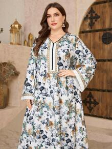 Al Najma Plus Size Women Arabic Style Printed Patchwork V-Neck Long Dress - Multicolor - View 3
