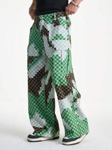 Chillumni Men's Camouflage Denim Patchwork Loose Cargo Pants, Street Fashion Wide Leg Trousers - Army Green - View 5