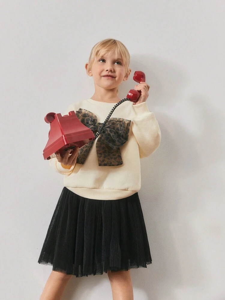 Loose Casual Crew Neck 3D Bow Detail Long Sleeve Sweatshirt For Young Girls,In Fall/Winter