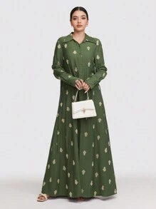 Veilorie 女士花卉印花长袖单排扣休闲长款阿巴雅连衣裙 - 綠色 - 查看 3