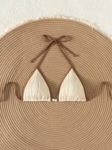 Swim Vcay Summer Retro Holiday Beach Apricot Color Splice Special Fabric Women One Piece Bikini Top - Apricot - View 4