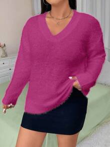 Flirla Plus Size Solid V-Neck Long Sleeve Casual Faux Fur Sweater Pullover - Hot Pink - View 5