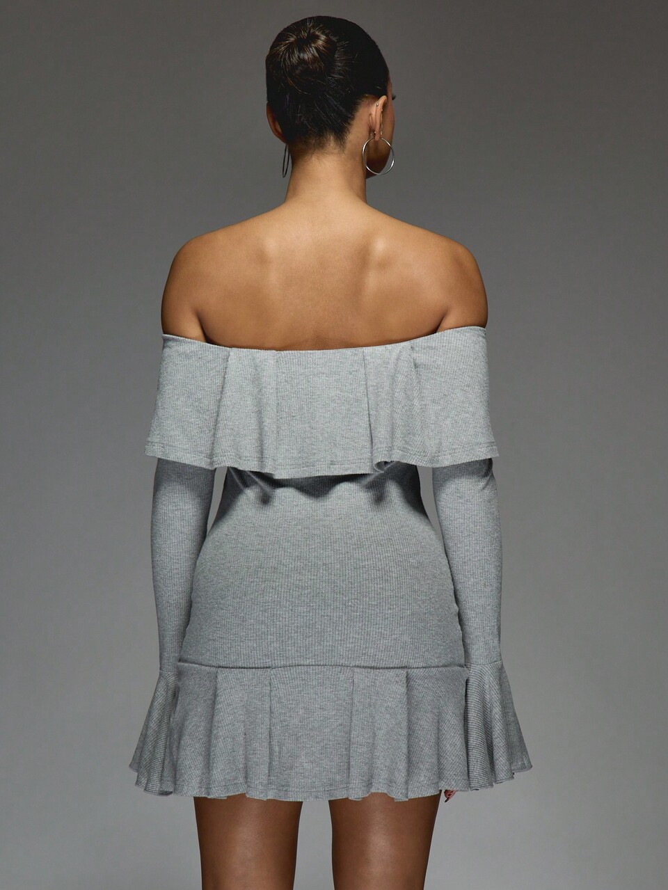 MISSGUIDED Boho Ruffle Bardot Long Sleeve Knitted Short Dress