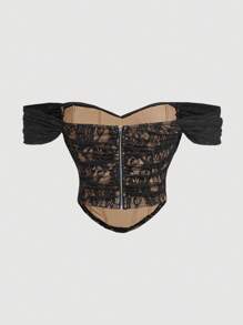 SHEIN MOD Plus Size Damski Letni Top Z Odkrytymi Ramionami Czarny Koronkowy Krótki