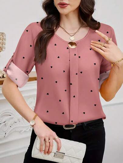 SHEIN Clasi 心形印花圆领女式衬衫，舒适优雅，情人节