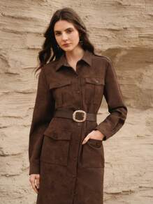 Anewsta 高端法式复古麂皮女式纽扣腰连衣裙 - 棕色 - 查看 5