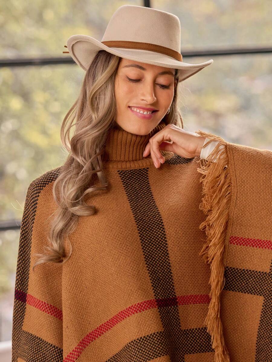 LanaWest Suéter de punto con cuello de tortuga y poncho de moda para mujer, suéter de punto de otoño/invierno - Multicolor - Ver 1