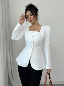 Elenzga 新款優雅短版上衣，修身剪裁，泡泡袖，白色，適合約會、度假、情人節秋季女裝 - 白色 - 查看 1