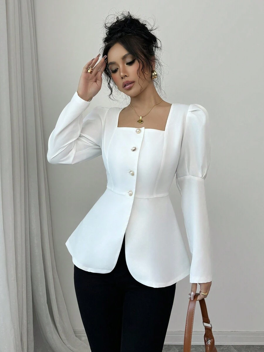 Elenzga 新款優雅短版上衣,修身剪裁,泡泡袖,白色,適合約會、度假、情人節秋季女裝 - 白色 - 查看 1
