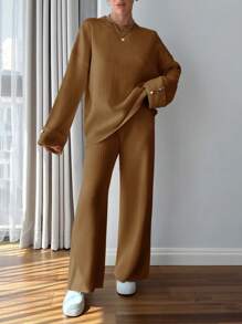 EURMUSE Women Button Detailed Sweater And Pant Set - Brown - View 4