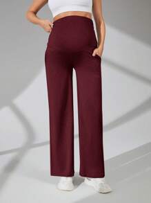 SHEIN Maternity Solid Color High Waist Side Pleat Loose Straight Leg Sweatpants - Burgundy - View 5
