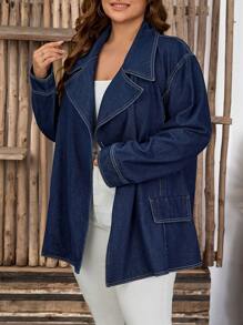 EMERY ROSE 大码前系带长袖口袋休闲牛仔夹克 - 深色水洗藍 - 查看 6