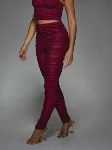 MISSGUIDED مجموعة قطعتين ملتفة توب قصير وبراليت وبنطلون ضيق خصر عالٍ للرقص والتمارين والخروج والمناسبات، مصنوعة من قماش مطاطي شبكي يخفي العيوب، طقم متناسق - روز أحمر - مشاهدة 5