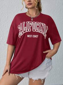 SHEIN EZwear Plus Letter Graphic Drop Shoulder Tee California Plus Size T-Shirt - Burgundy - View 4