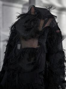 SHEIN Clasi 大码女式黑色衬衫，带流苏袖口、可卷袖和小 V 领