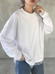 FRIFUL Women's Loose Fit Lace Trim Wide Sleeve T-Shirt, Layerable Spring Clothing