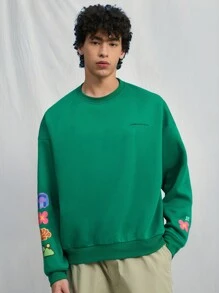 Manfinity VCAY 1 Áo nỉ chui đầu dài tay dáng rộng dệt kim thường ngày cho nam, mặc hàng ngày, áo nỉ dài tay cổ tròn in họa tiết màu xanh lá cây đậm, làm quà tặng cho bạn bè, chồng, bạn trai, cho mùa thu đông - Màu xanh lá cây đậm - Xem 4