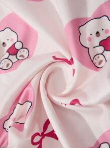 Young Girl Bow Print Crew Neck Long Sleeve Pajama Set: Top And Bottoms