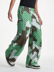 Chillumni Men's Camouflage Denim Patchwork Loose Cargo Pants, Street Fashion Wide Leg Trousers - Army Green - View 1