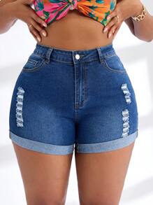 SHEIN SXY Plus Size Women's Casual Boho Denim Blue Elastic Waist Versatile Shorts - Blue - View 3