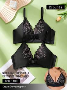 Wedaily 2 pièces Ensemble de soutien-gorge sans fil à empiècement en dentelle grande taille - Noir - Voir 5