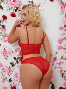 Pink Floral Mesh Lace Strap Women Lingerie Set