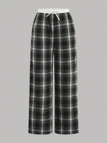 SHEIN 青少年女孩黑白格子拼接腰部抽绳阔腿裤，直腿及地长裤 - 黑與白 - 查看 5