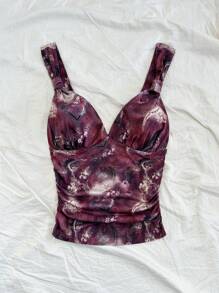Soleia Top de vacances casual à bretelles avec fronces, coupe slim, imprimé rétro avec torsade avant pour femmes - Multicolore - Voir 3