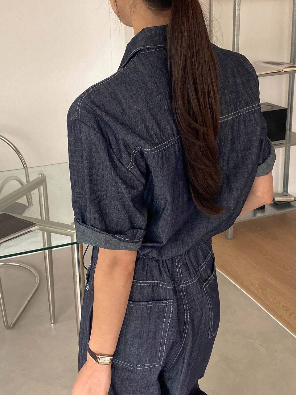 2pcs/Set Women Short Sleeve Denim Top And Long Denim Pants Outfit, Spring/Summer,Back To School Clothes