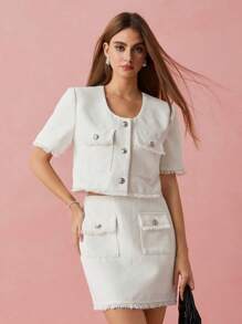 Enchnt 春冬浪漫女士时尚白色金属纽扣装饰短袖流苏粗花呢夹克，甜美优雅，适合情人节、节日、甜蜜约会和日常通勤 - 白色 - 查看 2