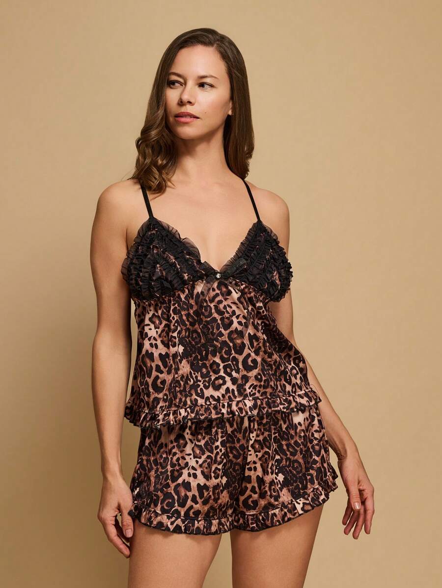 TryMe Leopard Print 3D Floral Lace Cup Sexy Cami And Shorts Pajama Set - Multicolor - View 1