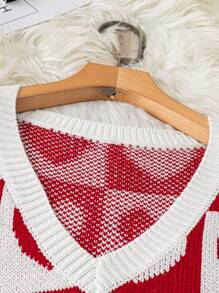 SHEIN LUNE V 领心形图案超大红色毛衣背心，情人节 - 彩色 - 查看 3