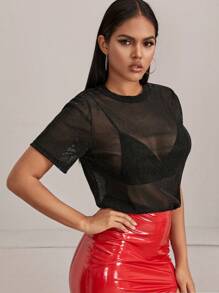 SHEIN BAE Sheer Glitter Mesh Top Without Bra - Black - View 3