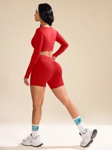 SHEIN Cheerettes 2 pièces Ensemble de survêtement pour femmes avec veste à manches longues et shorts de couleur unie. Ensemble d'entraînement pour femmes